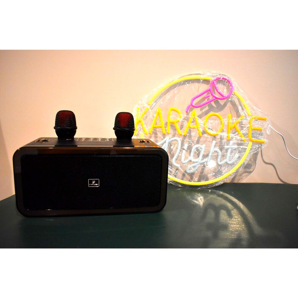 FansBe Karaoke Machine with 2 Mics & LED Neon Karaoke Night Sign Bundle
